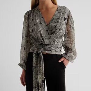 Floral Wrap Blouse | Sheer Long Sleeve Tie Waist Top